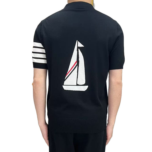 Thom Browne Sailboat Embroidered Knitted Polo Shirt | 4 Colors, Nautical Detail