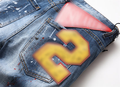 Dsquared2 D2 Men's Slim Fit Ripped Jeans — Logo Print Dark Wash