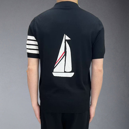 Thom Browne Sailboat Embroidered Knitted Polo Shirt | 4 Colors, Nautical Detail